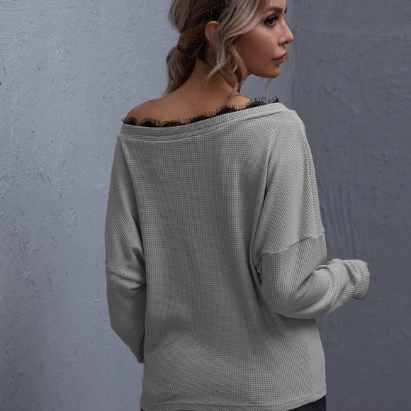 Black eyelash lace detail off shoulder waffle top - Picture 13 of 14